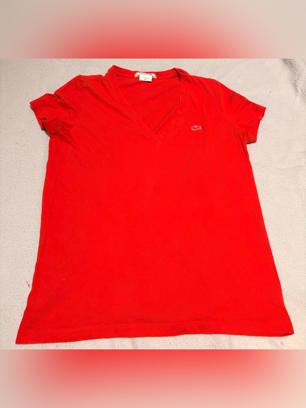 Rare Monochromatic Lacoste Women’s Orange V‑Neck Cotton Tee Size 40 (US Med/8)